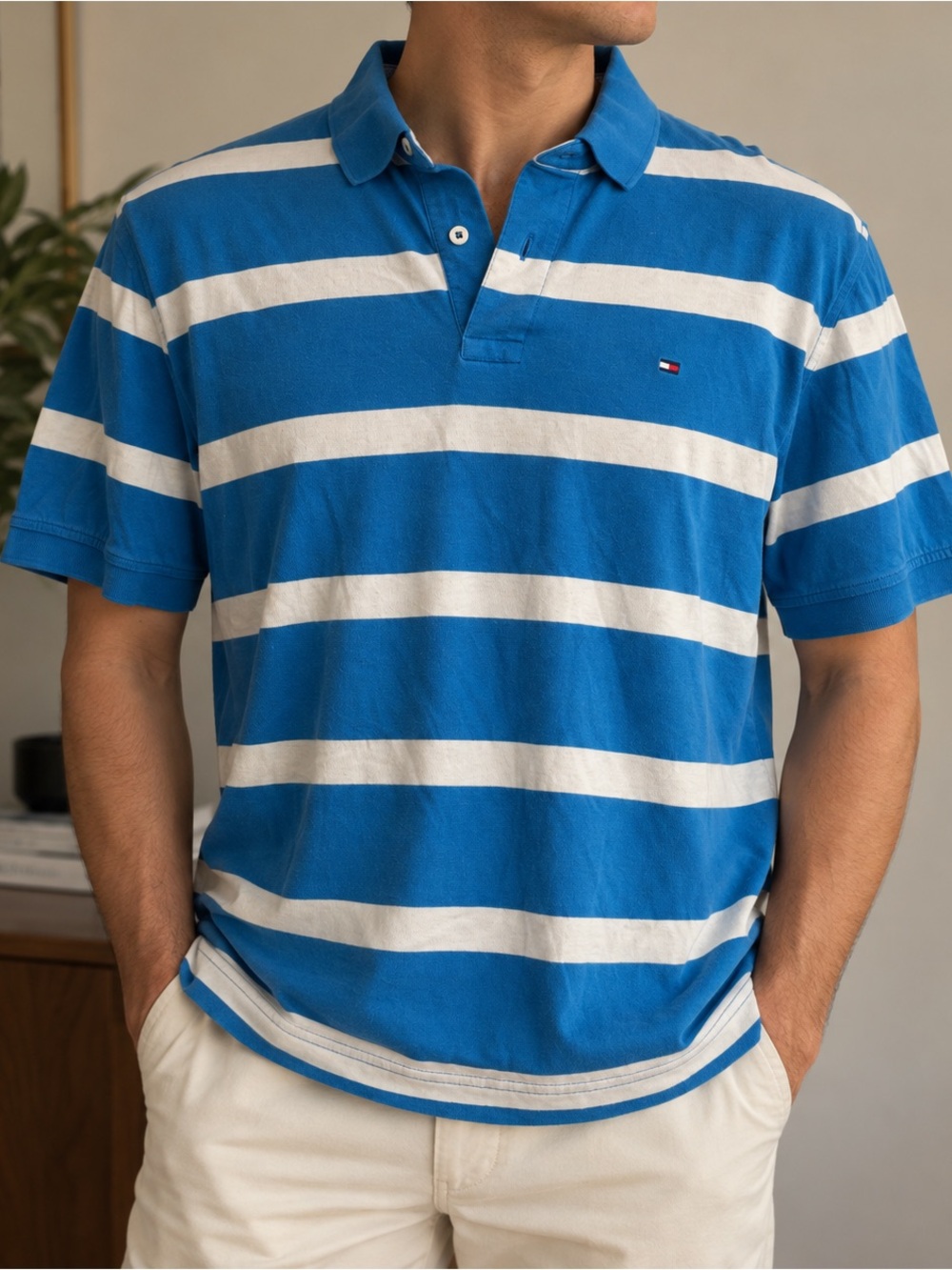 Tommy Hilfiger Custom Fit Blue White Striped Polo Shirt Men’s XL